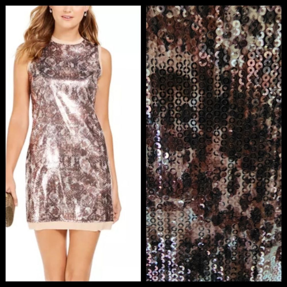 Vince Camuto Rose Gold Sequined Snake Embossed Shift Dress Size 12 NWT